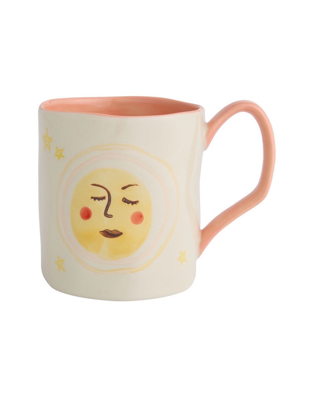 NEW Coral and Yellow Moon & Star Hand Painted Ceramic Mug NWT World Market